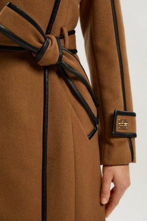 Karen Millen UK SALE Brushed Wool Pu Trim Belted Tailored Double Breasted Midi Coat - camel