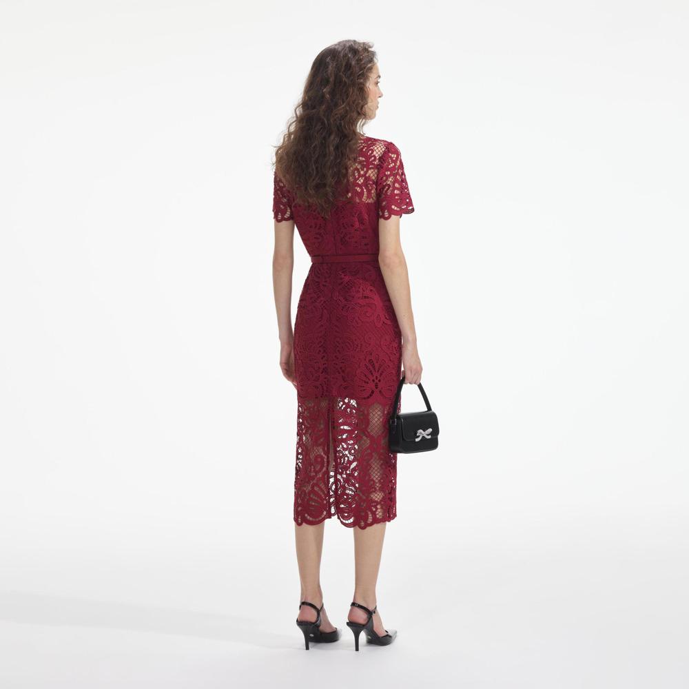 SELF PORTRAIT SS24 Red Guipure Lace Button Midi Dress