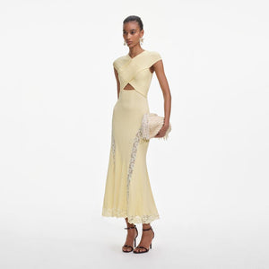 SELF PORTRAIT SS25 VIP PRICE Yellow Knit Lace Insert Midi Dress