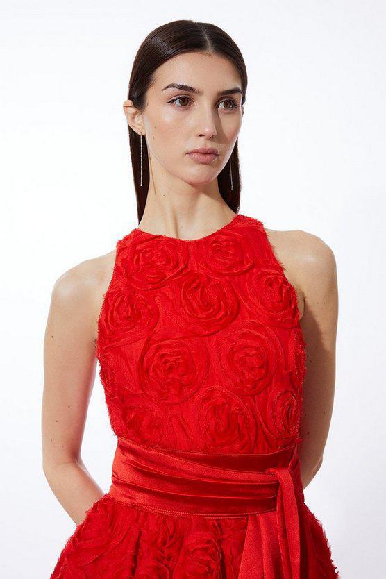 Karen Millen UK SALE Romantic Rosette Texture Woven Prom Midi Dress - red