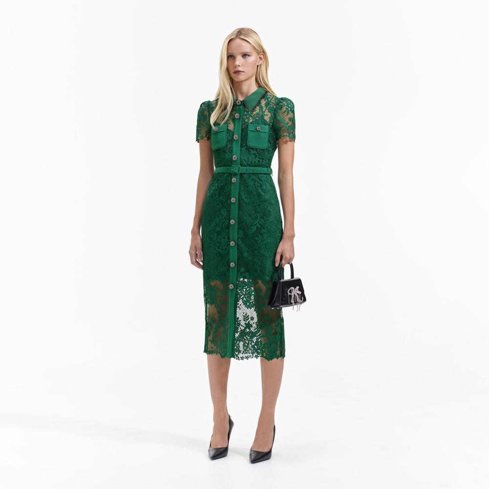 SELF PORTRAIT BLACK FRIDAY SALE Green Lace Button Front Midi Dress