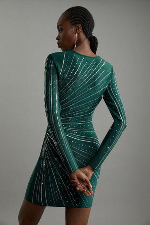 Karen Millen UK SALE Figure Form Bandage Knit All Over Embellished Mini Dress - teal