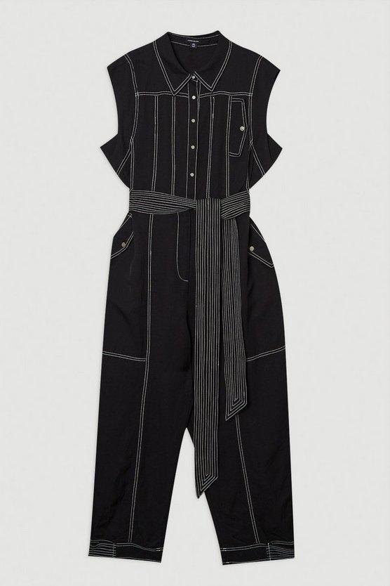 Karen Millen UK SALE Tall Premium Linen Twill Topstitch Woven Jumpsuit