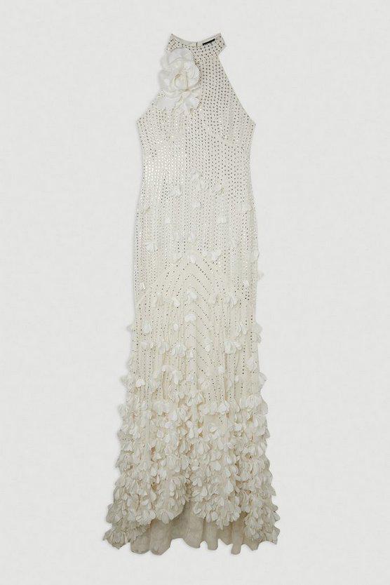 Karen Millen UK SALE Floral Applique Crystal Embellished Woven Maxi Rosette Maxi Dress - ivory