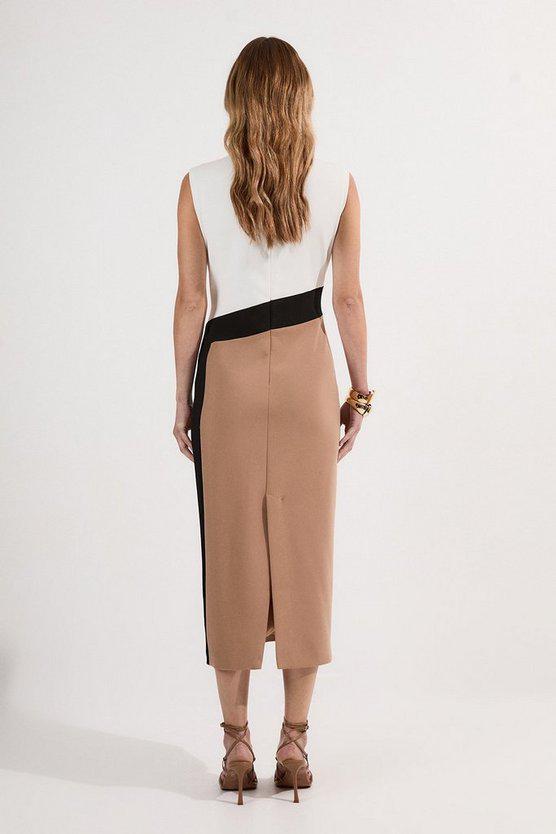 Karen Millen UK SALE Compact Stretch Colourblock Tailored Pencil Dress - camel