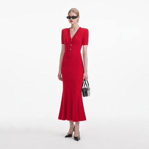 SELF PORTRAIT SS24 Red Pointelle Knit Midi Dress