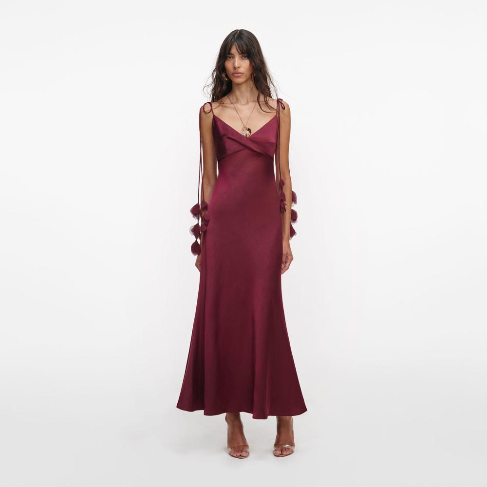 SP VIP PRICE Burgundy Satin Flower Midi Dress