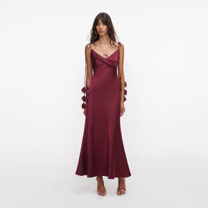 SP VIP PRICE Burgundy Satin Flower Midi Dress