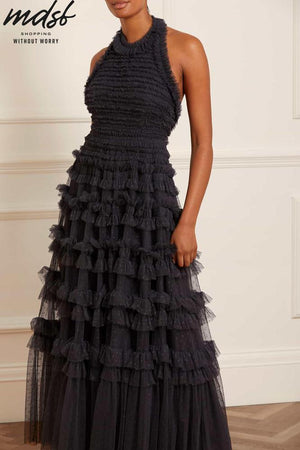 Needle & Thread CHRISTMAS SALE Lisette Ruffle Halter Neck Gown - black