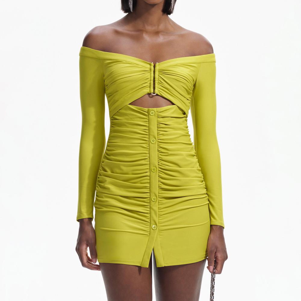 SELF PORTRAIT BLACK FRIDAY SALE Chartreuse Off Shoulder Mini Dress