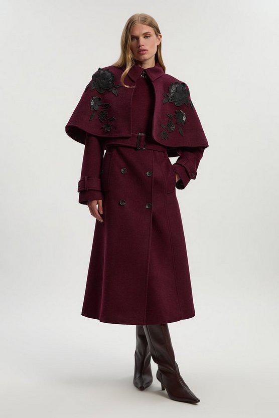 Karen Millen UK SALE Brushed Wool Pu Mix Placed Floral Embroidery Applique Tailored Cape Full Skirted Midi Coat - burgundy