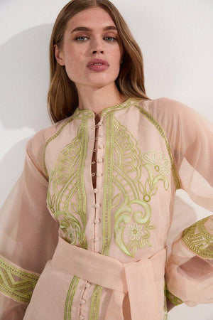 Karen Millen UK SALE Embroidered Organdie Balloon Sleeve Woven Maxi Dress - lime
