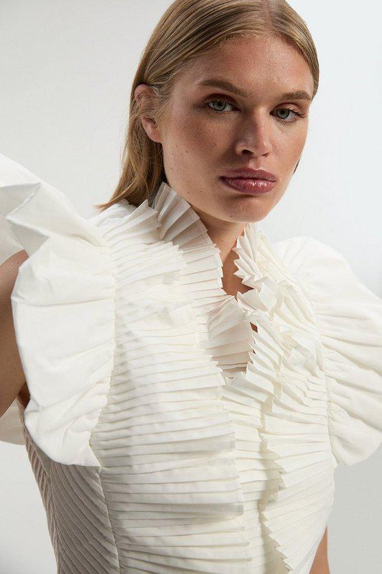 Karen Millen UK SALE Pleated Ruffle Sleeve Woven Top - ivory