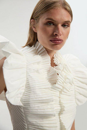 Karen Millen UK SALE Pleated Ruffle Sleeve Woven Top - ivory