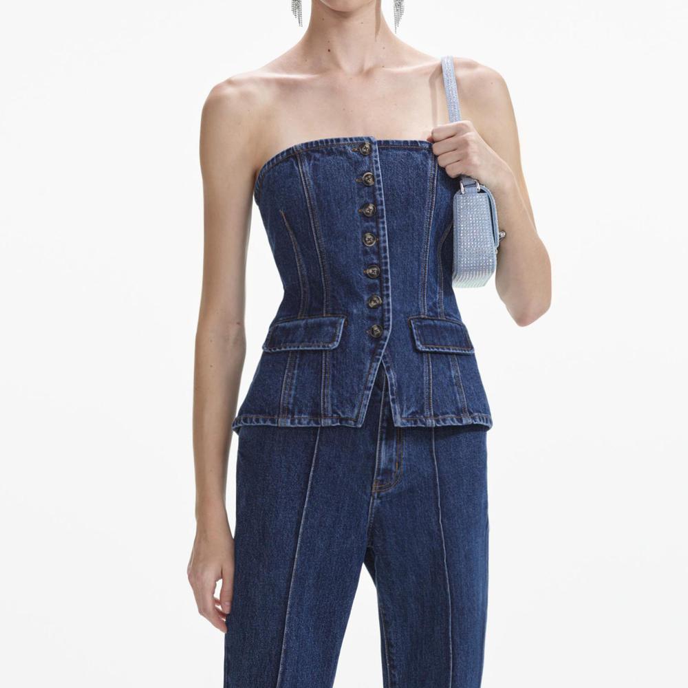 SELF PORTRAIT SS24 Denim Bandeau Jumpsuit