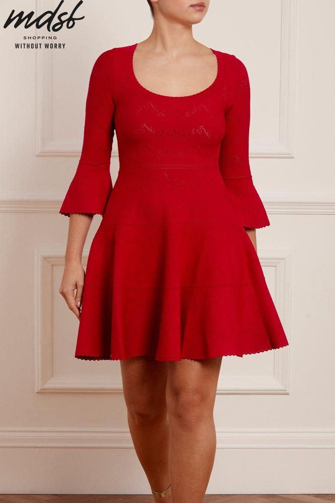 Needle & Thread CHRISTMAS SALE Pretty Pointelle Knit Scoop Neck Mini Dress - red