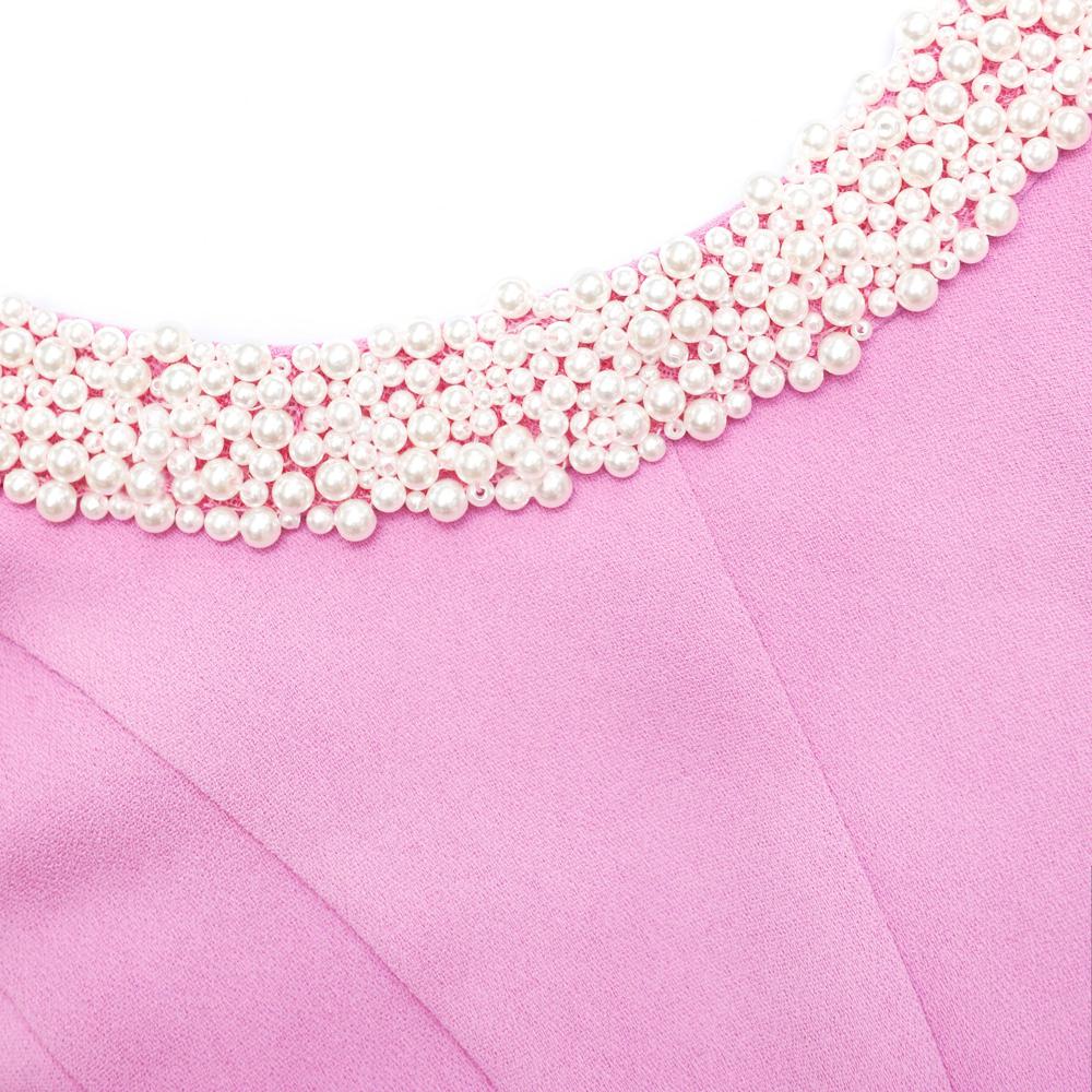SP VIP PRICE Pink Crepe Pearl Trim Midi Dress