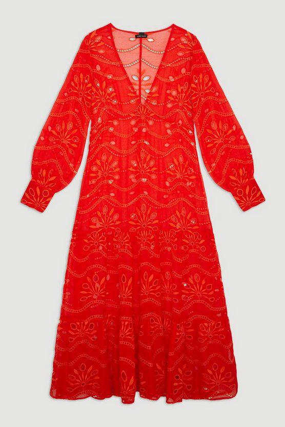 Karen Millen UK SALE Viscose Georgette Cutwork Beach Maxi Dress - red