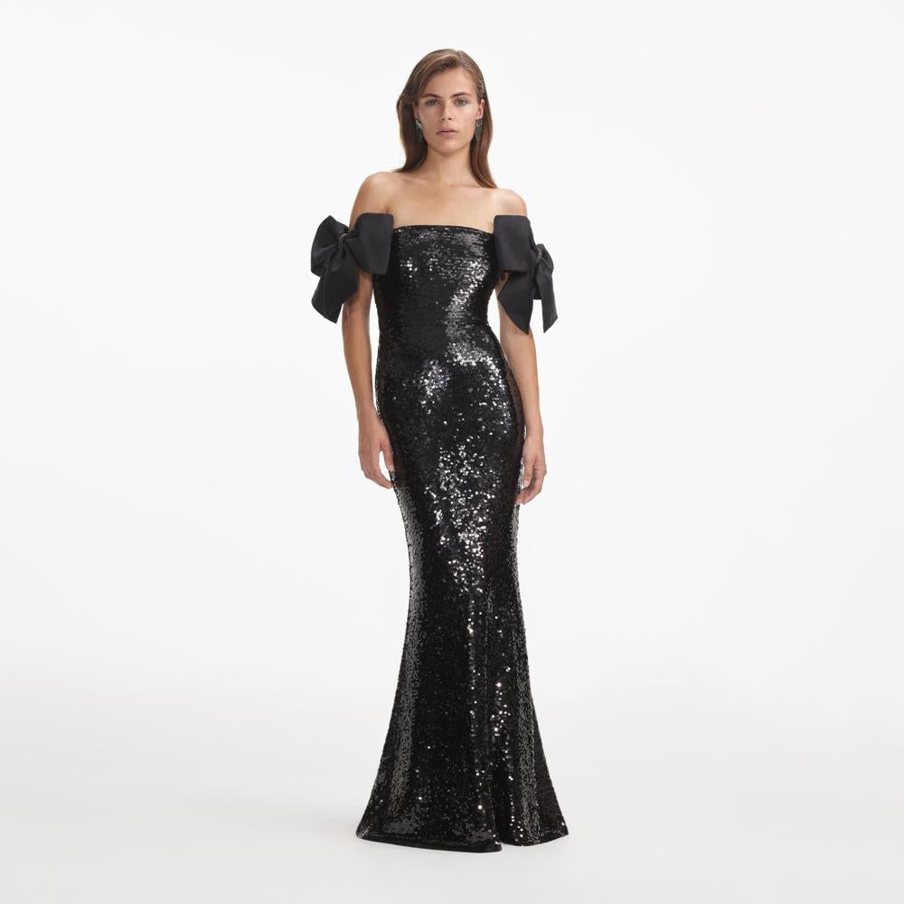 SELF PORTRAIT SS24 Black Sequin Bow Maxi Dress