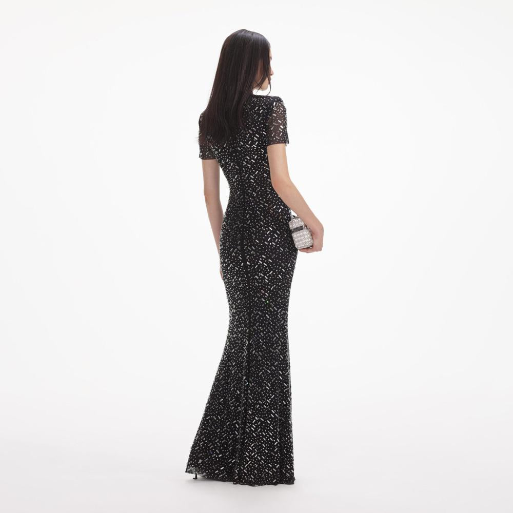 SELF PORTRAIT SS24 Black Square Rhinestone Mesh Maxi Dress