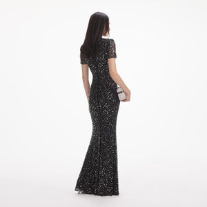 SELF PORTRAIT VIP SS24 Black Square Rhinestone Mesh Maxi Dress