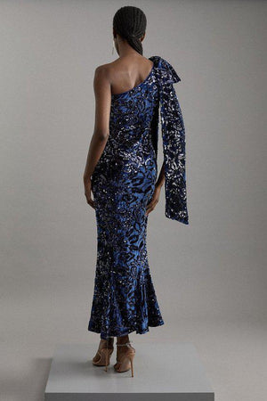 Karen Millen UK SALE Velvet Sequin One Shoulder Woven Maxi Dress - navy