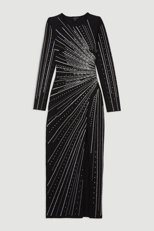 Karen Millen UK SALE Figure Form Bandage Knit All Over Embellished Maxi Dress - black