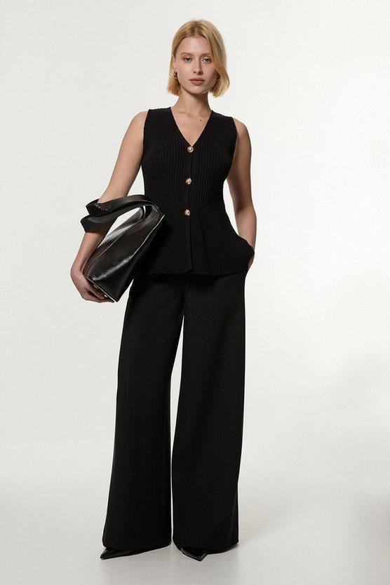 Karen Millen UK SALE Ribbed Cotton Knitted Waistcoat - black