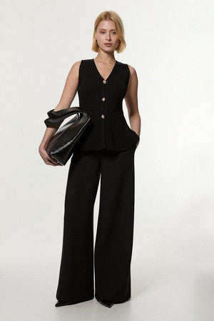 Karen Millen UK SALE Ribbed Cotton Knitted Waistcoat - black
