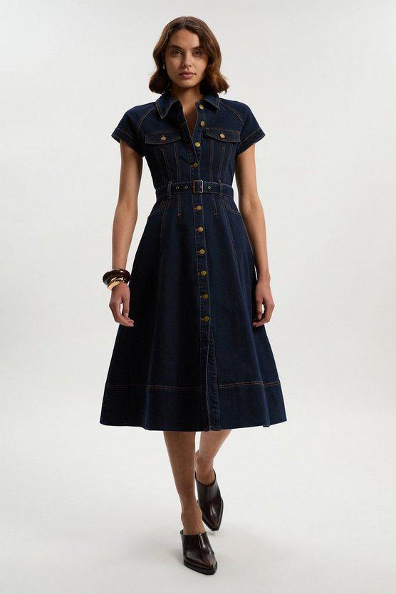 Karen Millen UK SALE Denim Corset Waist Detail Full Midi Dress