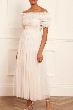 Needle & Thread CYBER SALE Midsummer Lace Bodice Off-Shoulder Ankle Gown - champagne