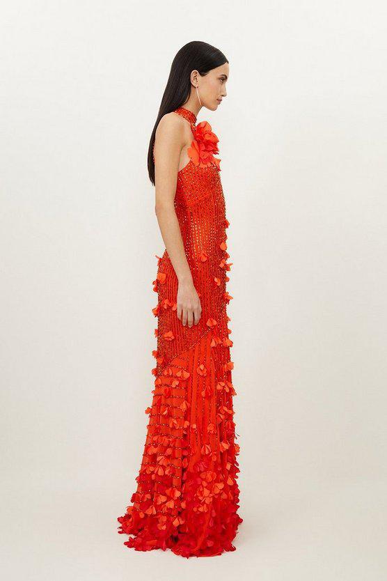 Karen Millen UK SALE Floral Applique Crystal Embellished Woven Maxi Rosette Maxi Dress - orange