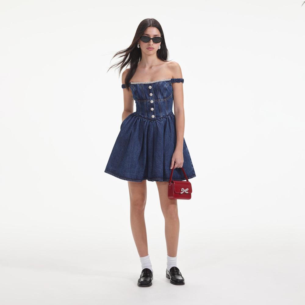 SELF PORTRAIT SS24 Denim Off Shoulder Mini Dress