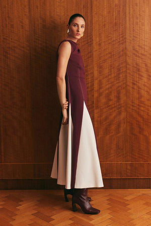 Karen Millen UK SALE Compact Stretch Tailored Colour Block Full Skirted Midi Dress - fig
