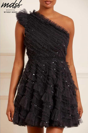 Needle & Thread CHRISTMAS SALE Spiral Sequin One-Shoulder Micro Mini Dress - black