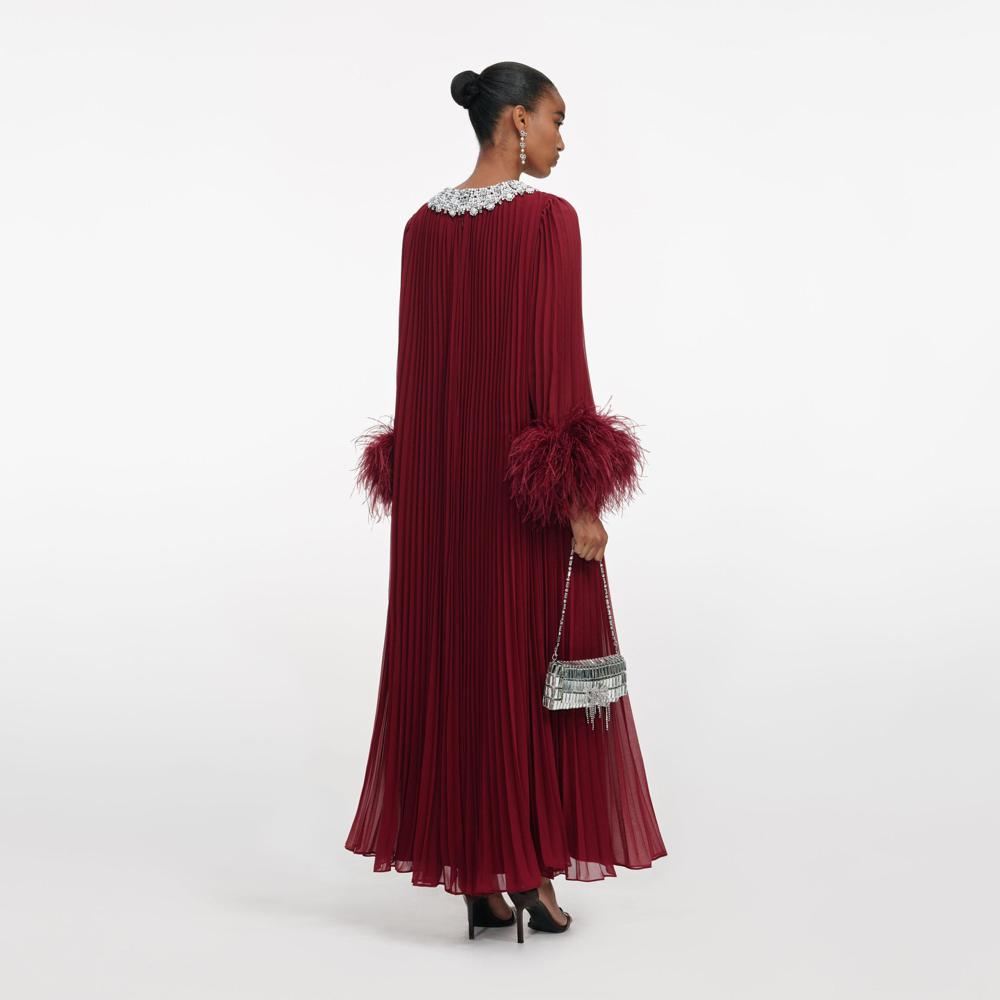 SP VIP PRICE Burgundy Chiffon Feather Midi Dress