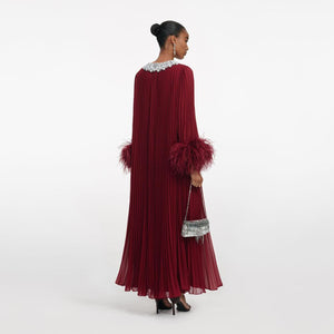 SP VIP PRICE Burgundy Chiffon Feather Midi Dress