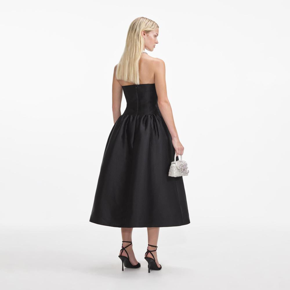 SELF PORTRAIT SS24 Black Taffeta Contrast Bow Midi Dress