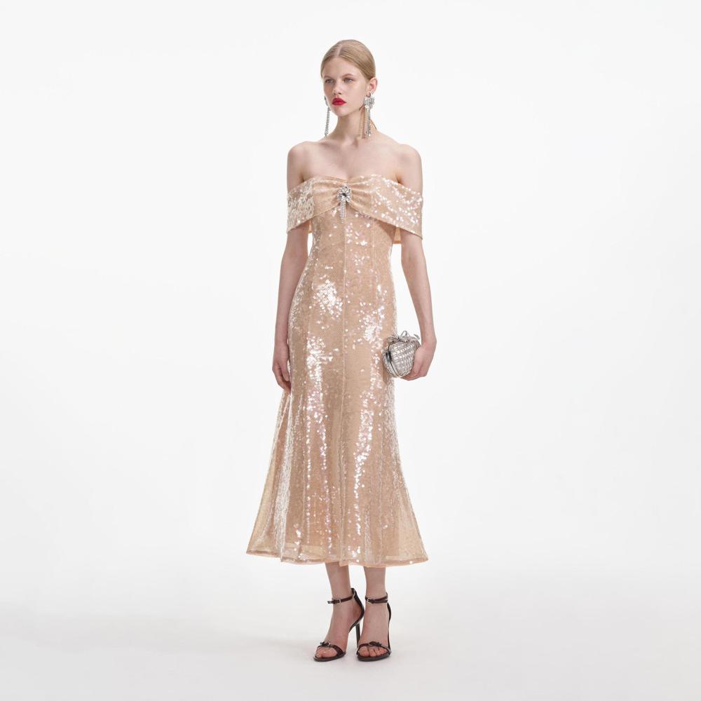 SELF PORTRAIT SS24 Gold Sequin Off Shoulder Midi Dress