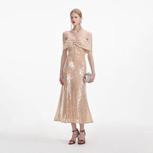 SELF PORTRAIT SS24 Gold Sequin Off Shoulder Midi Dress