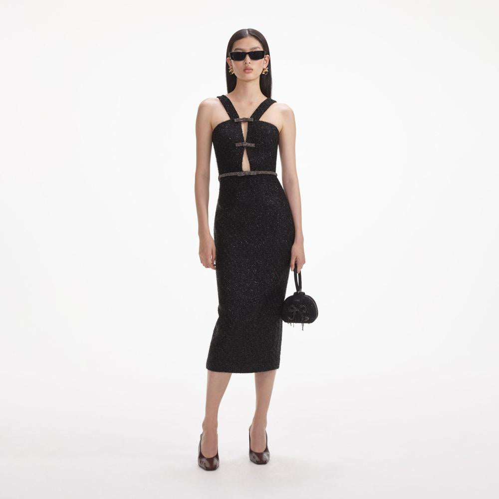 SELF PORTRAIT SS24 Black Tinsel Boucle Midi Dress