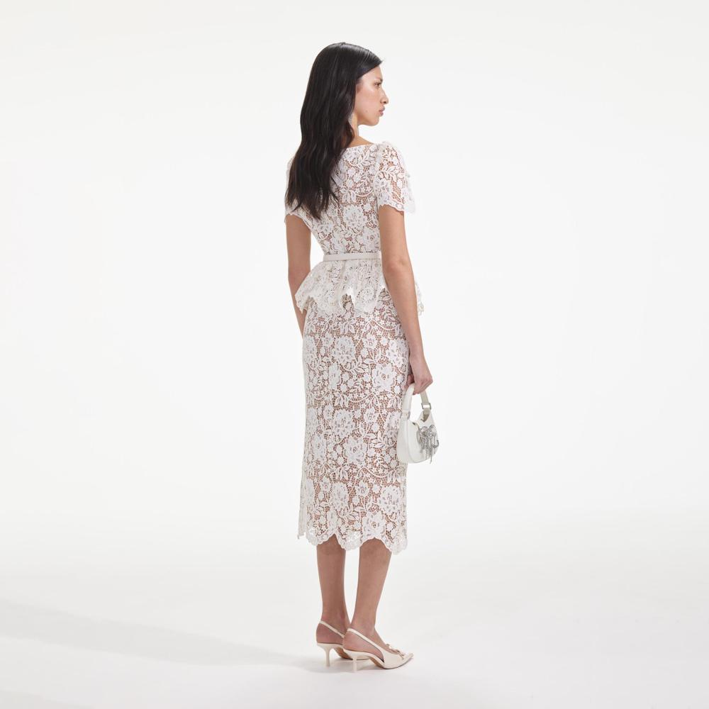 SELF PORTRAIT SS24 Cream Lace Peplum Midi Dress