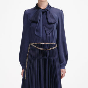 SP VIP PRICE Navy Satin Pussy Bow Maxi Dress