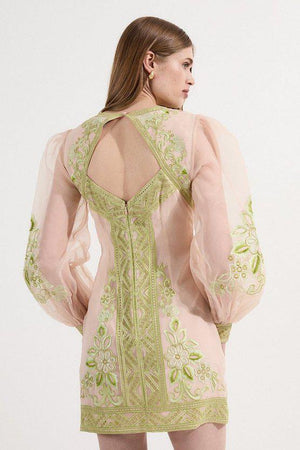 Karen Millen UK SALE Embroidered Organdie Balloon Woven Mini Dress - lime