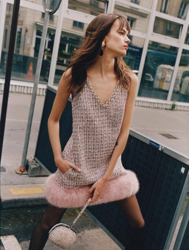 SP VIP PRICE Pink Boucle Fur Hem Mini Dress