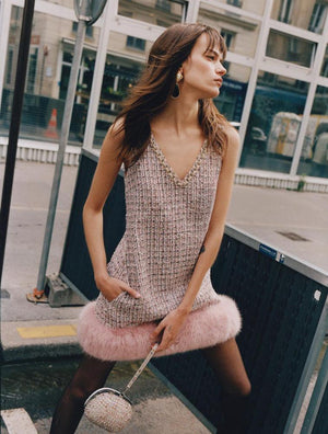 SP VIP PRICE Pink Boucle Fur Hem Mini Dress