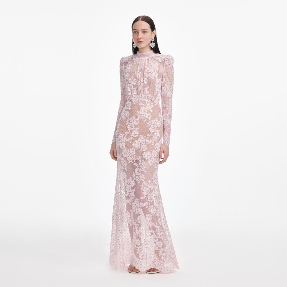 SP VIP PRICE Pale Pink Rhinestone Lace Maxi Dress