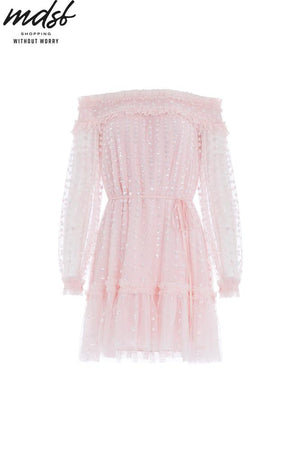 Needle & Thread CHRISTMAS SALE Raindrop Smocked Gloss Off-Shoulder Micro Mini Dress - pink