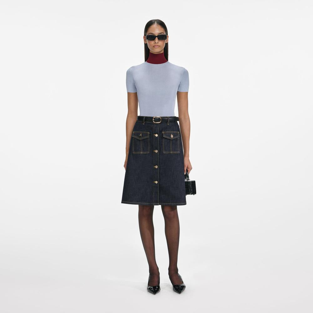 SP VIP PRICE Indigo Denim Belted Midi Skirt