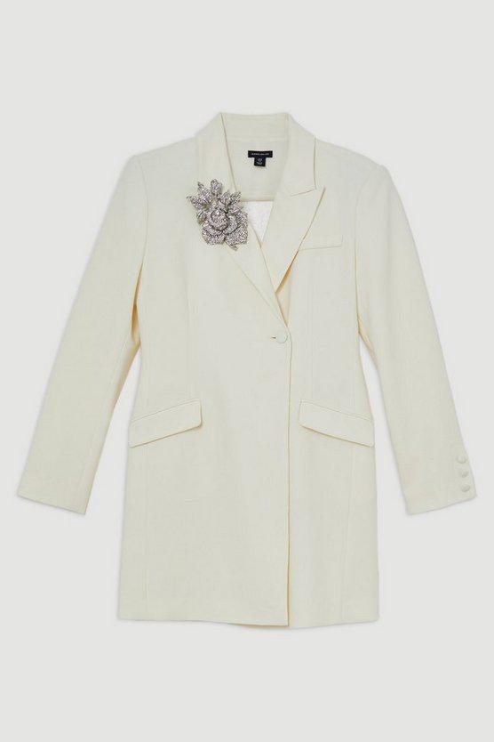 Karen Millen UK SALE Tailored Viscose Crystal Embellished Blazer Mini Dress - ivory